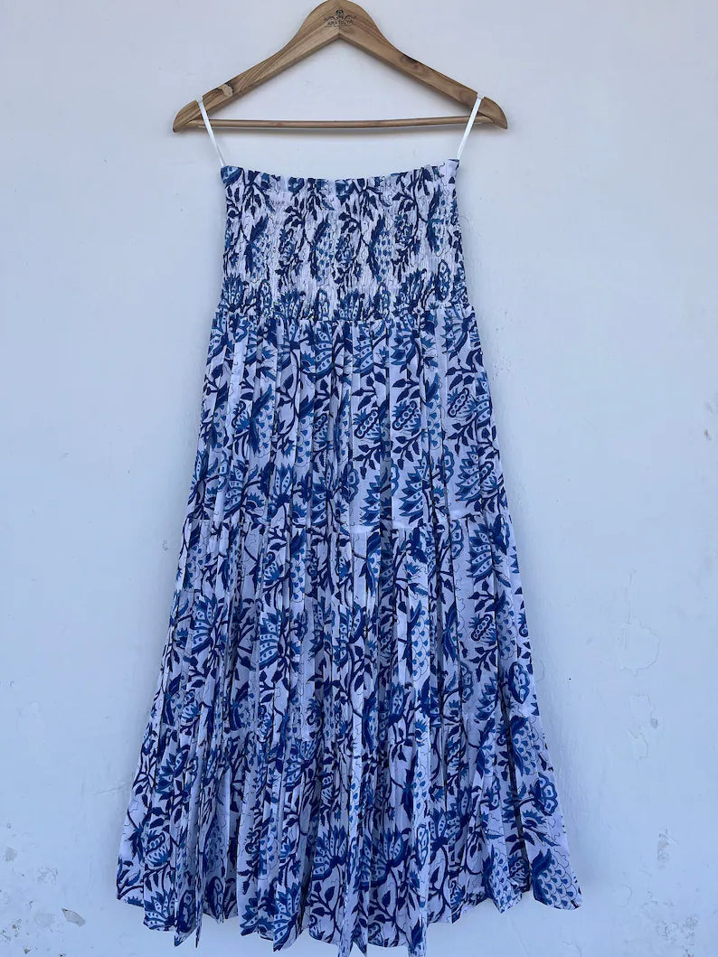 Women's Smocked Waist Peasant Skirt, Tiered Skirt, Natural Fiber Cotton Boho Skirt, blue floral skirt