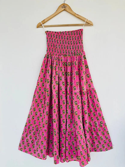 Cotton printed skirt - beautiful hand block printed long skirt - tier skirt - pink floral print skirt - smocked skirts