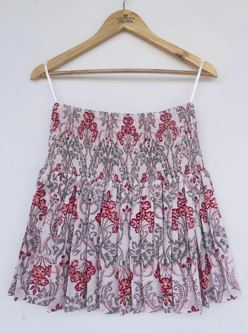 Block print short skirt, cotton mini skirt, shirred skirt