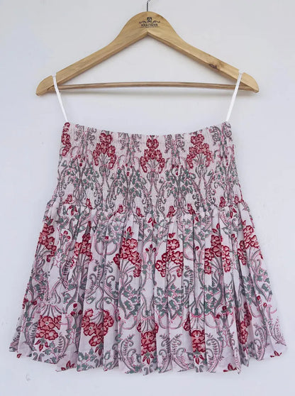 Block print short skirt, cotton mini skirt, shirred skirt