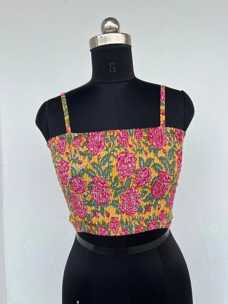 Smocked crop top | block printed floral top | women’s party wear top | custom made tops