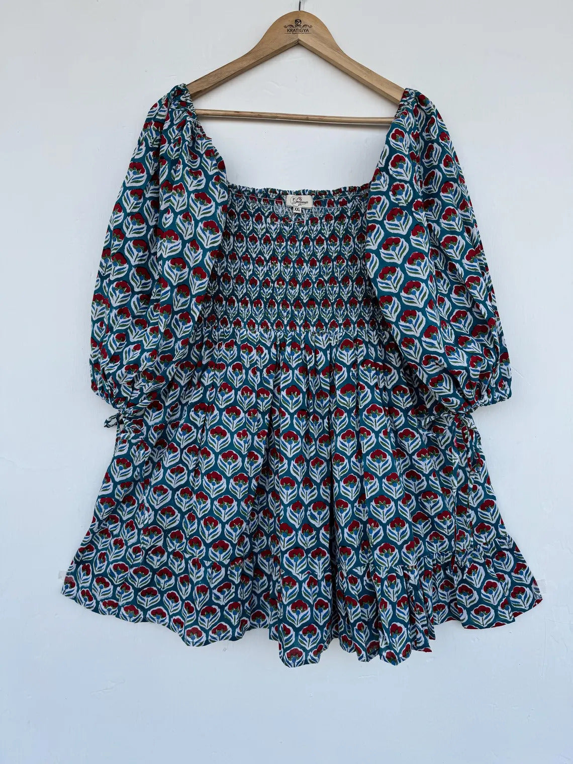Hand Block Print Floral Cotton Mini Dress | Beach Vacation Outfit | Boho Summer Wear