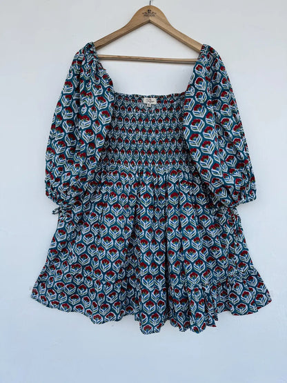 Hand Block Print Floral Cotton Mini Dress | Beach Vacation Outfit | Boho Summer Wear