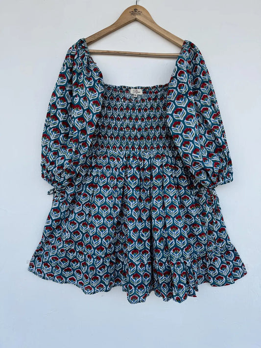Hand Block Print Floral Cotton Mini Dress | Beach Vacation Outfit | Boho Summer Wear