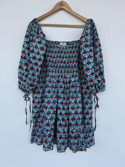 Hand Block Print Floral Cotton Mini Dress | Beach Vacation Outfit | Boho Summer Wear