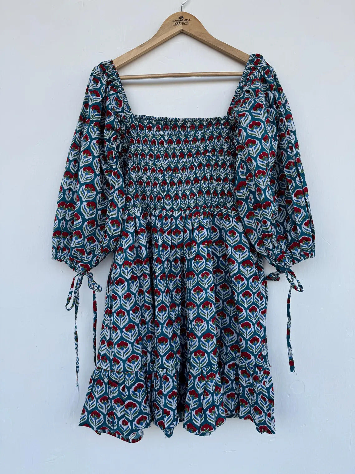 Hand Block Print Floral Cotton Mini Dress | Beach Vacation Outfit | Boho Summer Wear