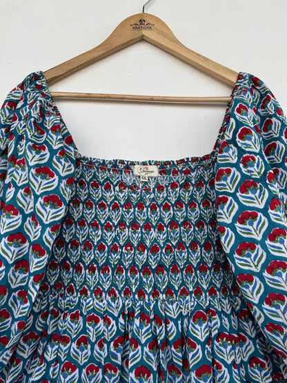 Hand Block Print Floral Cotton Mini Dress | Beach Vacation Outfit | Boho Summer Wear
