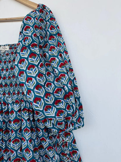 Hand Block Print Floral Cotton Mini Dress | Beach Vacation Outfit | Boho Summer Wear