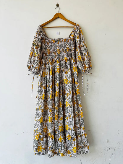 Cotton hand block printed yellow floral maxi - Bohemian maxi dress