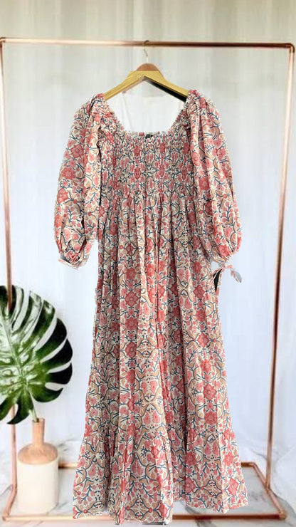 Hand block print dress | somcked dress | pink print boho long maxi