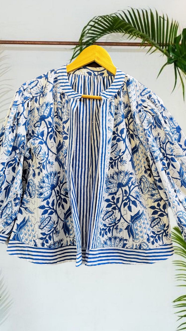 Bohemian Cotton Jacket - Women Floral Printed jacket - Blue Printed Vintage Jackets