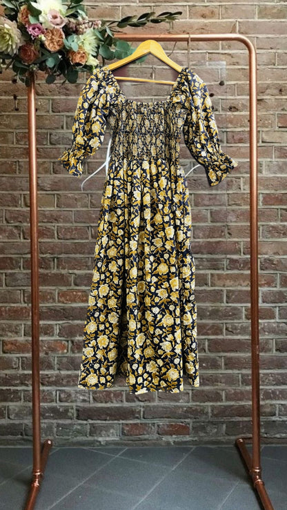 Block print dress | cotton black and yellow printed dress | bohemian midi dress | customised dresses