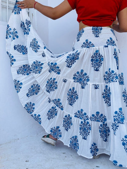 Cotton printed skirt | beautiful hand block printed long skirt | tier skirt | blue big print skirt | smocked skirts