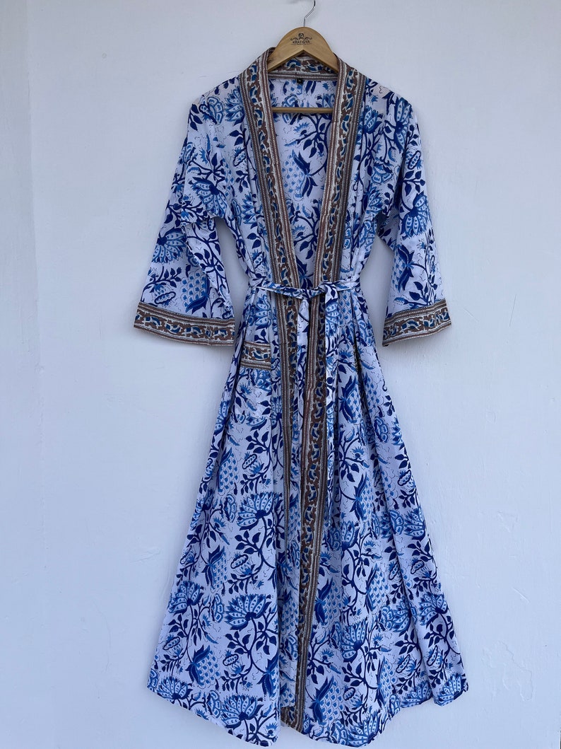 Hand block printed cotton robe | cotton kimono dress | women coverups with belt