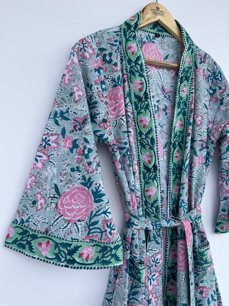 Yellow floral robes | cotton kimono robes | block printed robe | robe with pockets