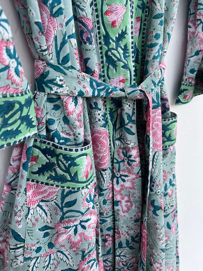 Yellow floral robes | cotton kimono robes | block printed robe | robe with pockets