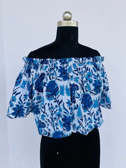 Cotton ruffle top | cotton floral printed blouse | off-shoulder tops | block printed blouse