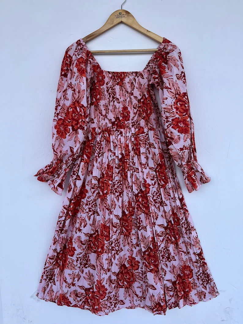 Red floral printed maxi | hand block print dress | shirred maxi dress