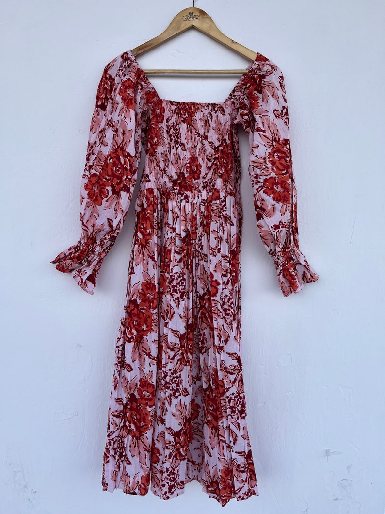 Red floral printed maxi | hand block print dress | shirred maxi dress