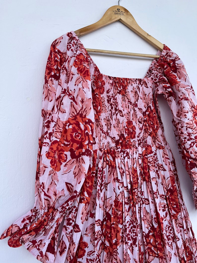 Red floral printed maxi | hand block print dress | shirred maxi dress