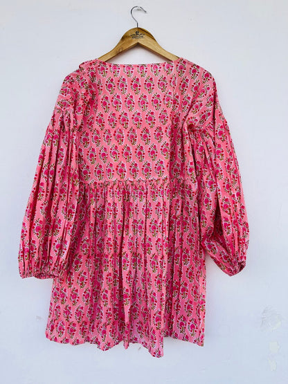 Pink cute short dress | floral dress | frill neck short dress | block print dress | hippie dresses