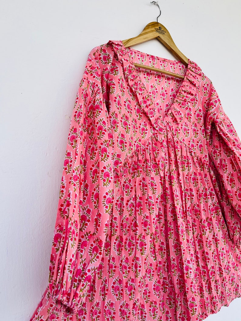 Pink cute short dress | floral dress | frill neck short dress | block print dress | hippie dresses