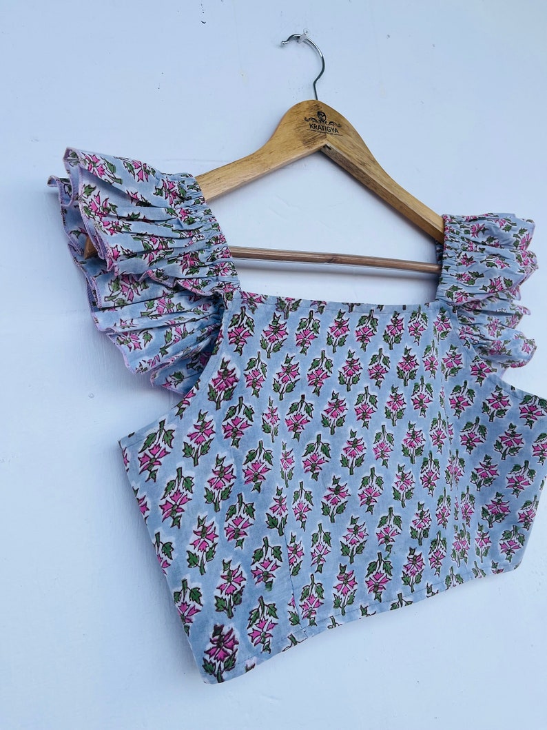 women's cotton blouses | cotton hand block printed floral short blouse | frill sleeves blouse