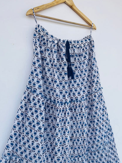 BLUE ditsy floral skirt | cotton block printed skirt | floral adjustable waist string skirts | women's bottom wear