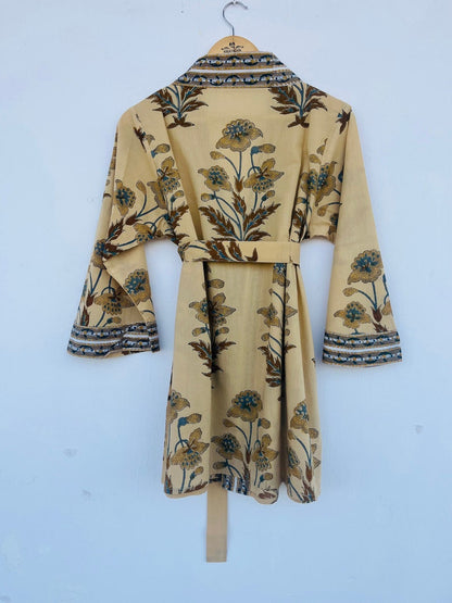 FLORAL kimono robe with pocket | mini robe | hand block printed robe with belt