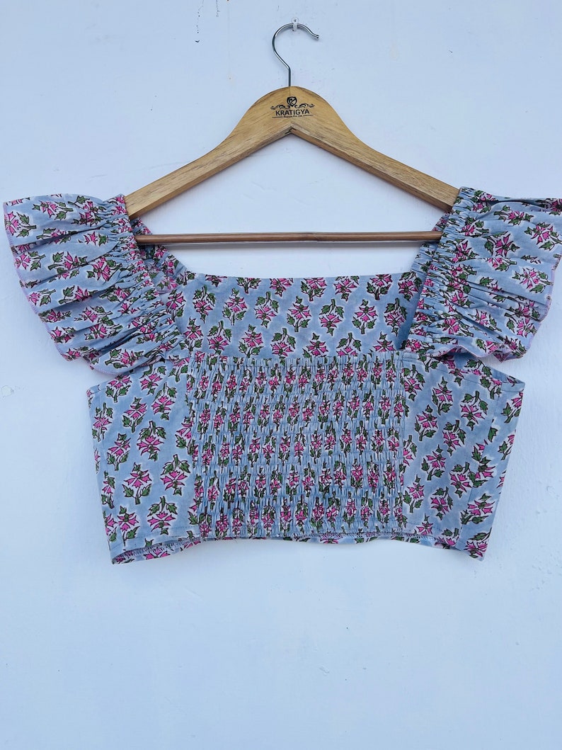 women's cotton blouses | cotton hand block printed floral short blouse | frill sleeves blouse