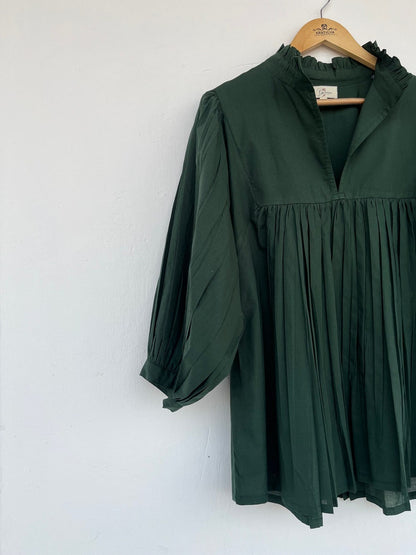 Cotton solid green blouse | frill neck long top | bohemian blouses | ruffle blouses