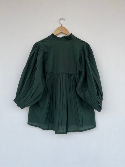 Cotton solid green blouse | frill neck long top | bohemian blouses | ruffle blouses