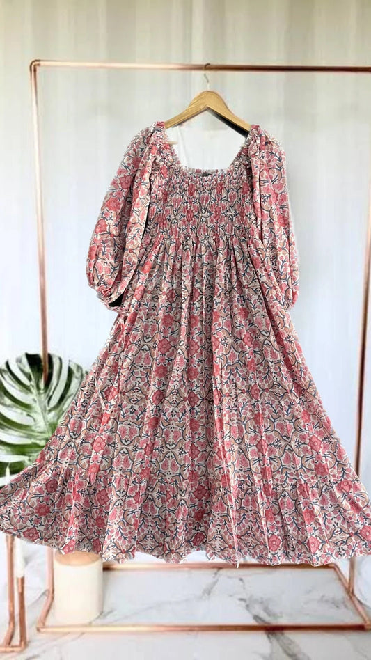 Hand block print dress | somcked dress | pink print boho long maxi