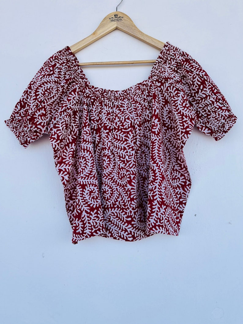 Red Hand block printed top | women's off-shoulder top | ruffle top | floral printed top