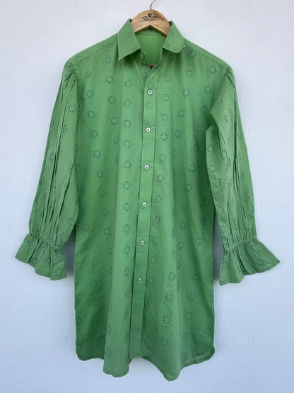 Green cotton shirts | long shirt dress | comfy shirts | women's cover-up shirts