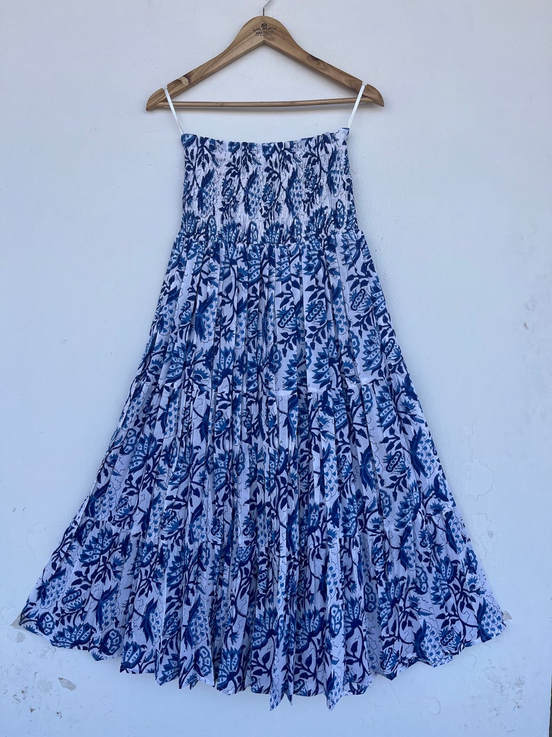 Women's Smocked Waist Peasant Skirt, Tiered Skirt, Natural Fiber Cotton Boho Skirt, blue floral skirt