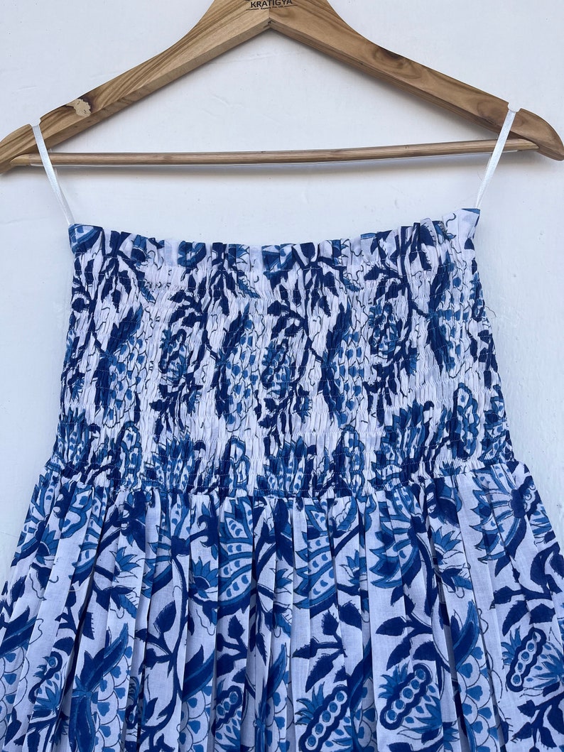 Women's Smocked Waist Peasant Skirt, Tiered Skirt, Natural Fiber Cotton Boho Skirt, blue floral skirt