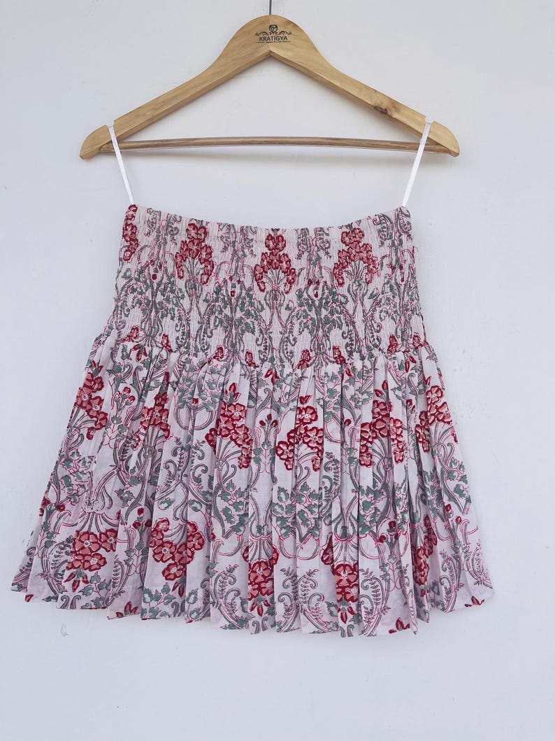 Block print short skirt, cotton mini skirt, shirred skirt