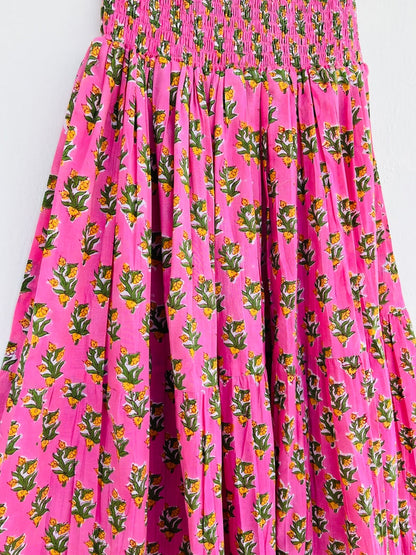 Cotton printed skirt - beautiful hand block printed long skirt - tier skirt - pink floral print skirt - smocked skirts