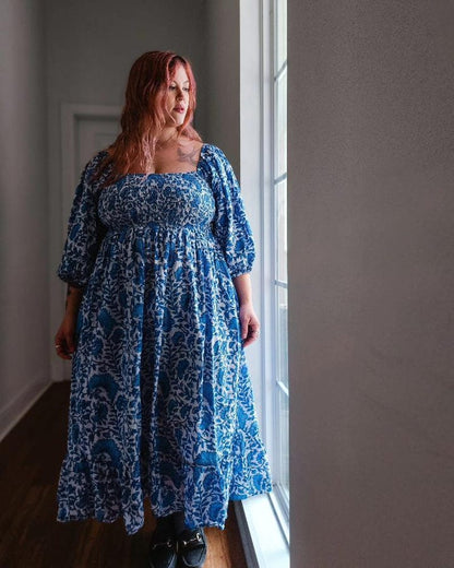 Hand block printed blue floral smocked long maxi, customisation available, dress with pockets