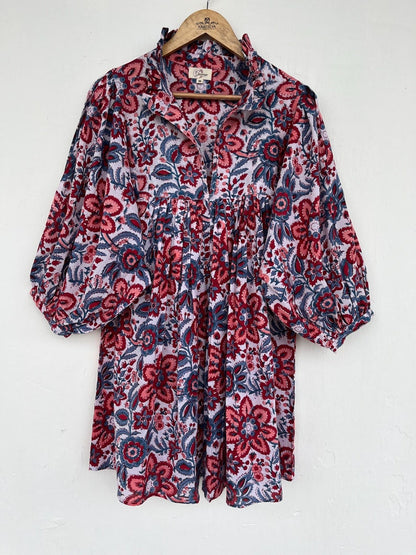 Hand block printed dress , Frill neck dress, boho women dress, Cotton mini dress