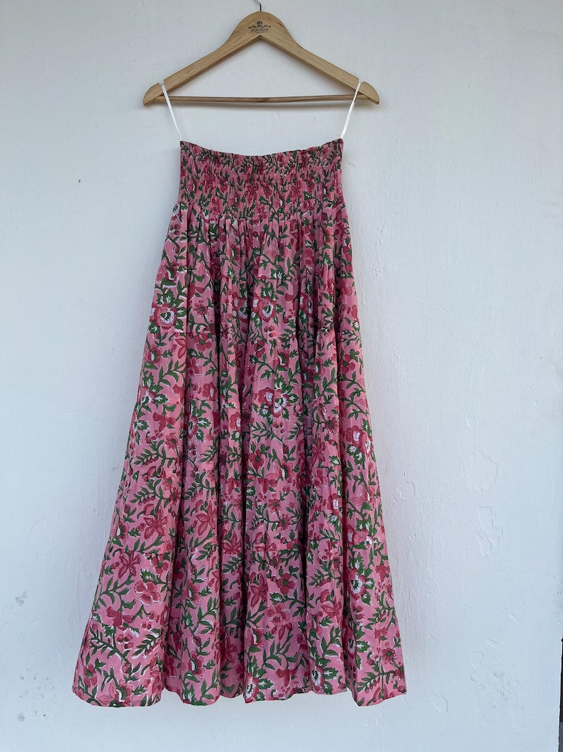 Cotton printed skirt | beautiful hand block printed long skirt | tier skirt | pink floral print skirt | smocked skirts