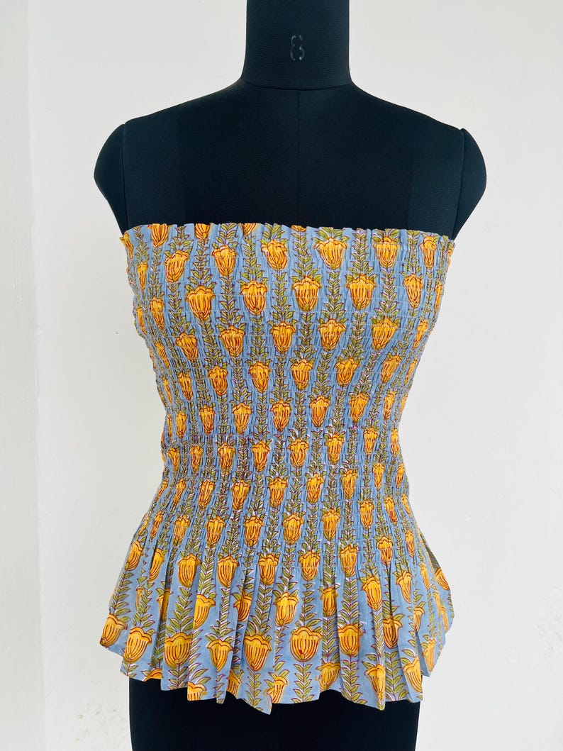 Strapless hand block printed cotton top