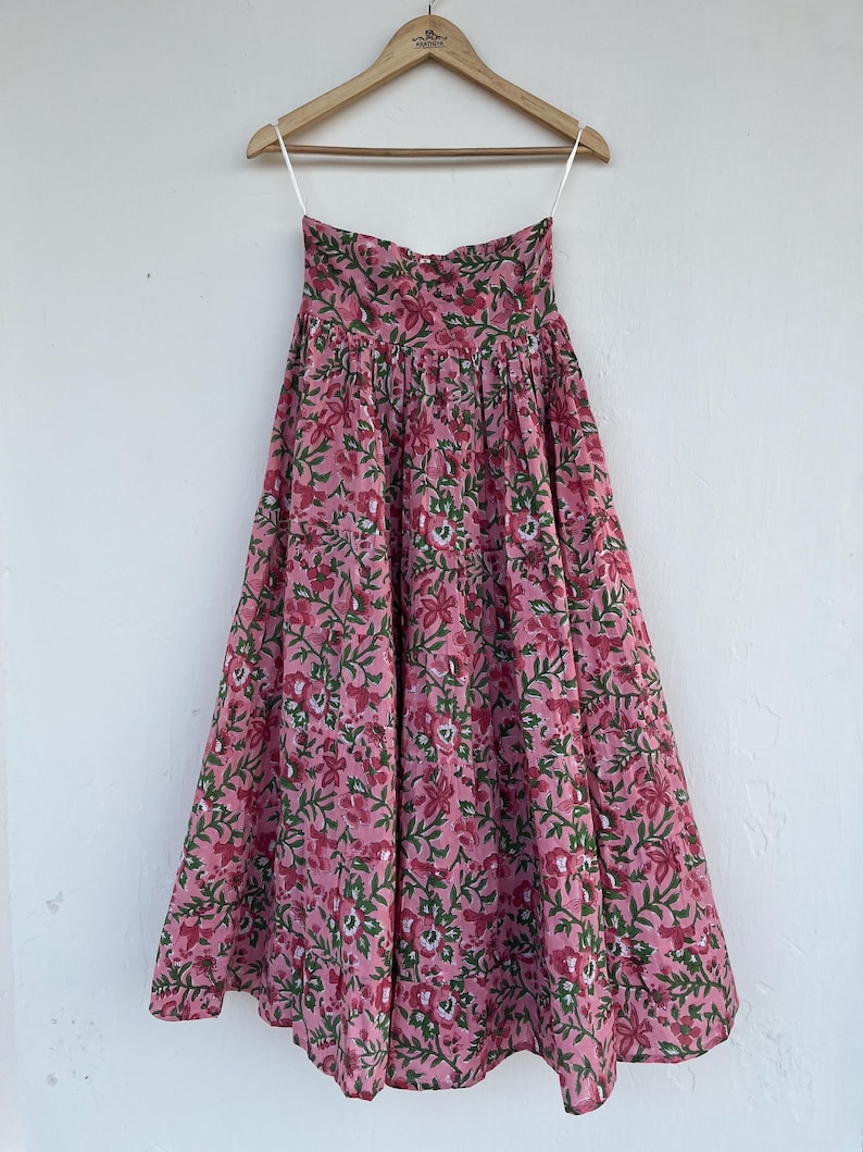 Cotton printed skirt | beautiful hand block printed long skirt | tier skirt | pink floral print skirt | smocked skirts