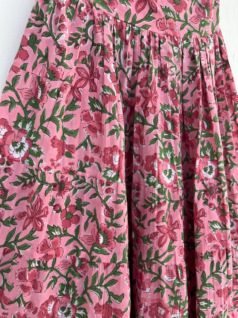 Cotton printed skirt | beautiful hand block printed long skirt | tier skirt | pink floral print skirt | smocked skirts