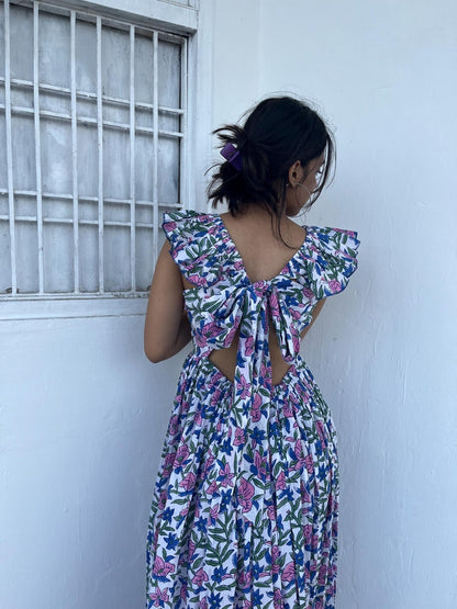 Hand block printed maxi, Back tie dress, floral maxi, Indian cotton long maxi