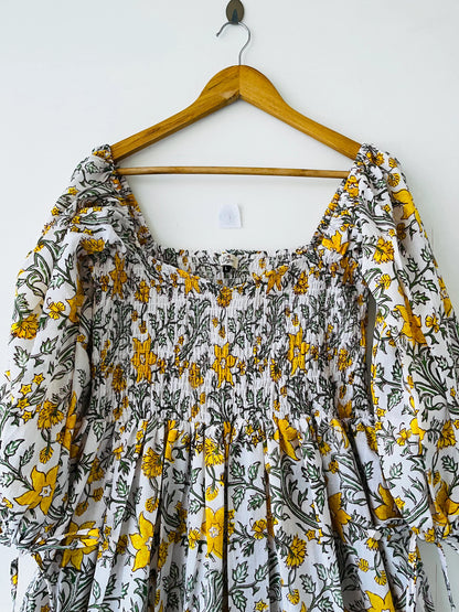 Cotton hand block printed yellow floral maxi - Bohemian maxi dress