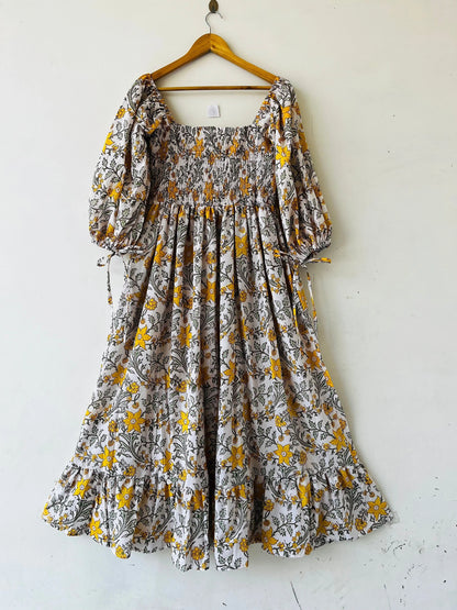 Cotton hand block printed yellow floral maxi - Bohemian maxi dress