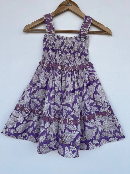 Kids cute cotton maxi dress | floral printed kid dress | lilac shirred dress | kids strap dress