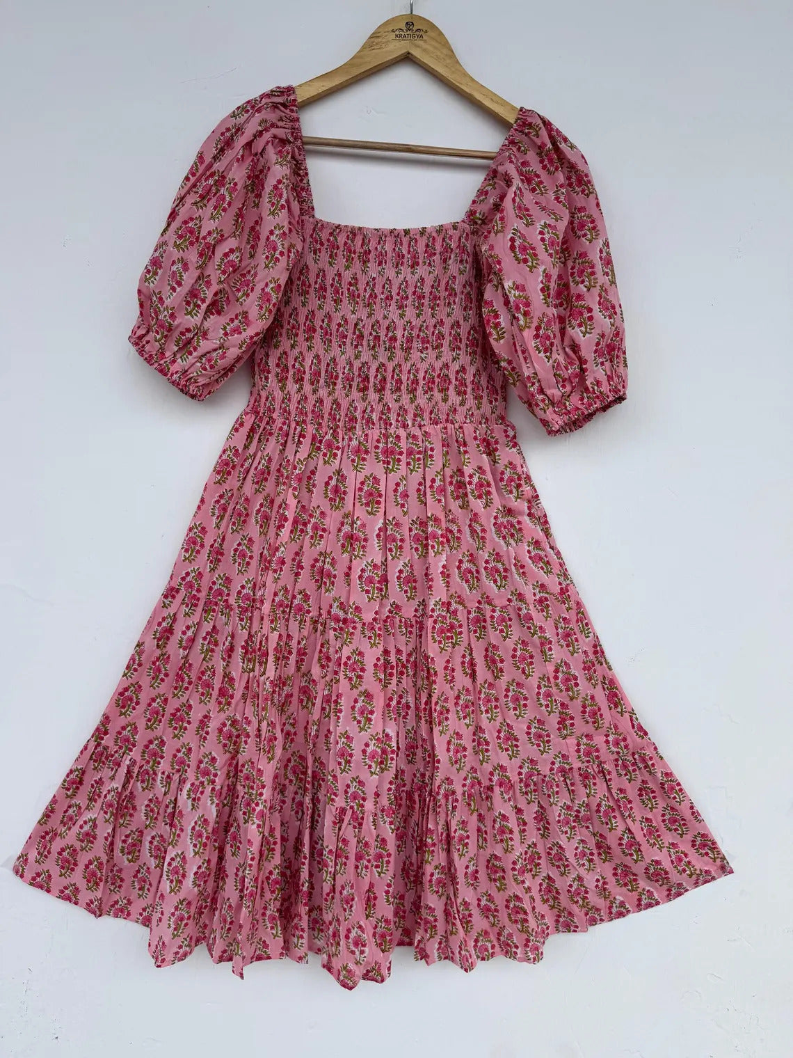 Pink Floral Cotton Boho Dress | Vintage Style Summer Wear | Ladies Picnic Vacation Outfit